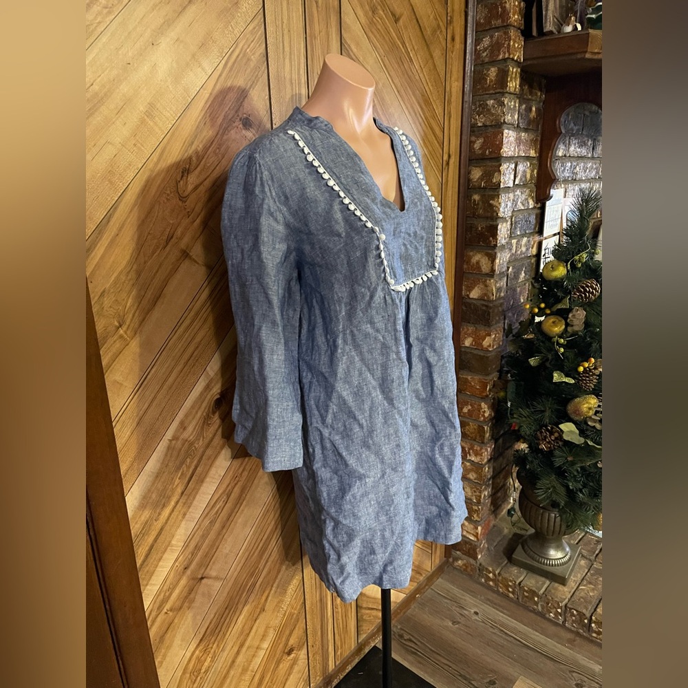Boden Evangeline Pure Linen Tunic Dress Women's 10R Light Blue Pom Pom Cover Up - Picture 4 of 8